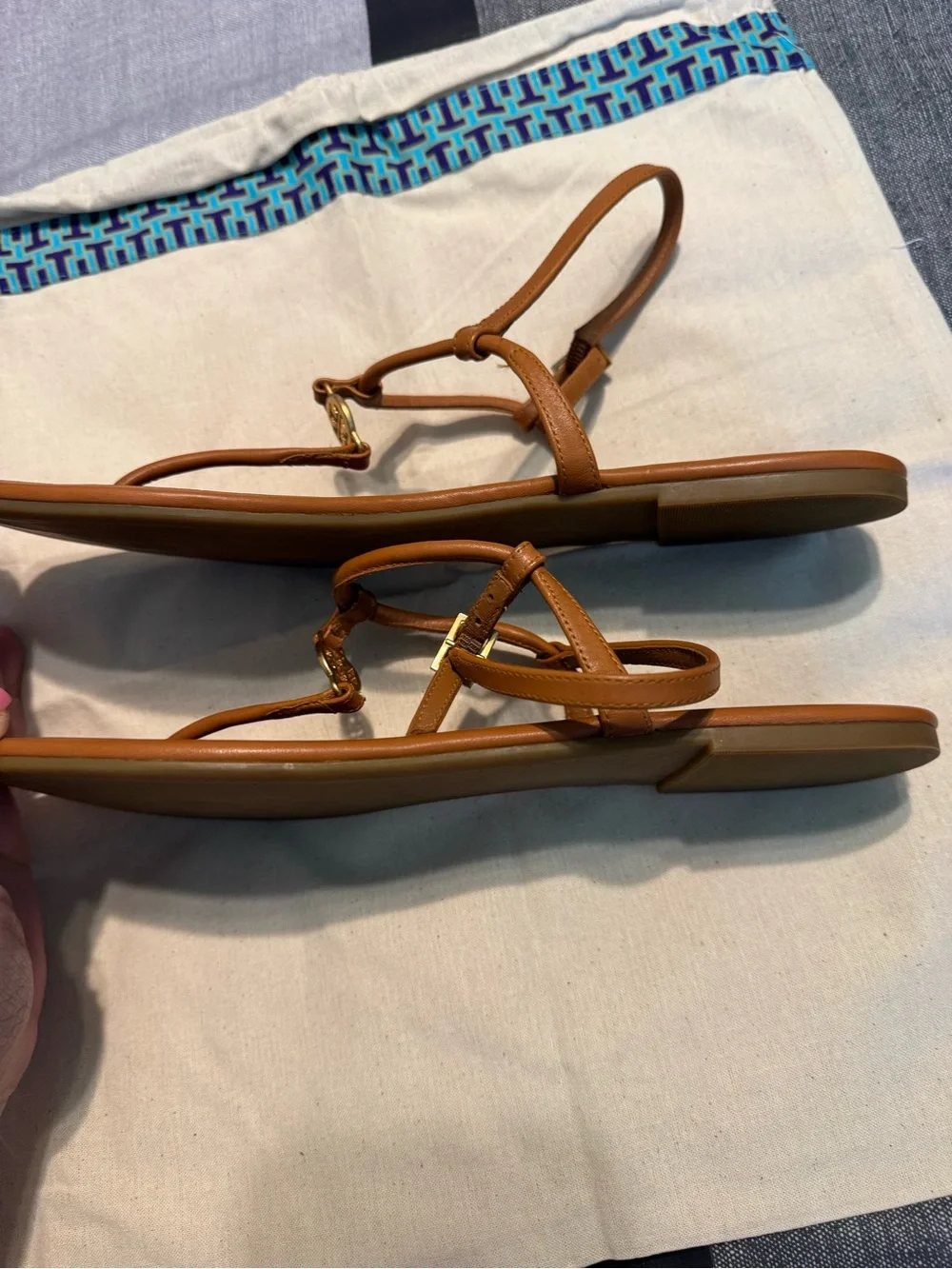 Tory Burch Tan Leather T-Strap Sandals with Gold Trim